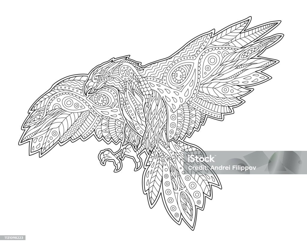 Adult coloring book page with decorative hawk Beautiful adult coloring book page with decorative predatory bird on white background Eagle - Bird stock vector