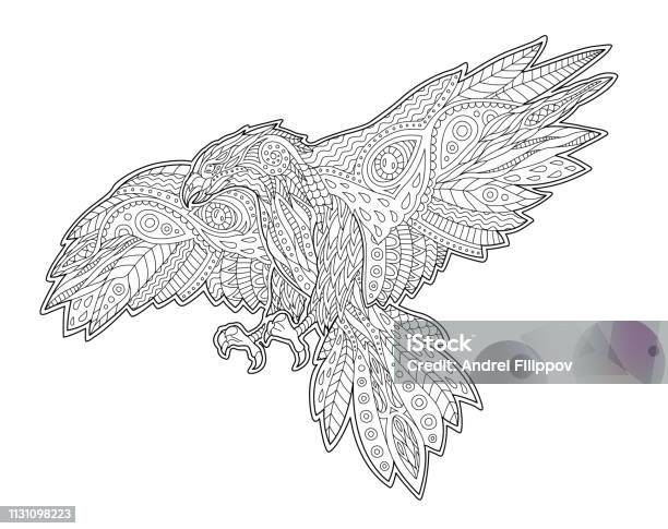 Adult Coloring Book Page With Decorative Hawk Stock Illustration - Download Image Now - Eagle - Bird, Line Art, Bird