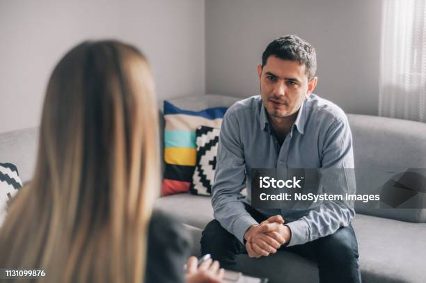 Young Man Alcoholic On Therapy Session Stock Photo - Download Image Now - Addiction, Psychotherapy, Healthcare And Medicine