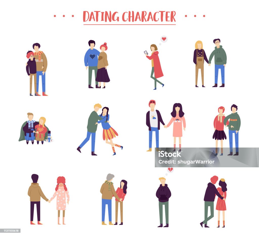 Flat Cartoon Happy Romantic Couples Walking Together On White Background  Standing Single Lonely Girl Or Pairs Of Men And Women On Date Modern  Colorful Vector Illustration Stock Illustration - Download Image Now -
