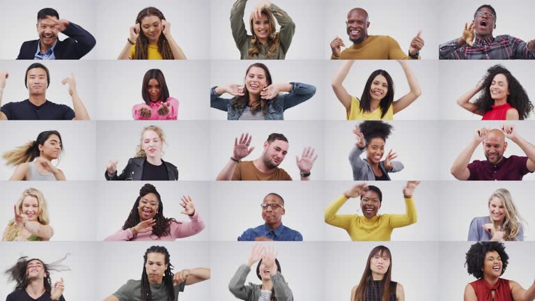 Composite 4k video footage of young people coughing against a grey background