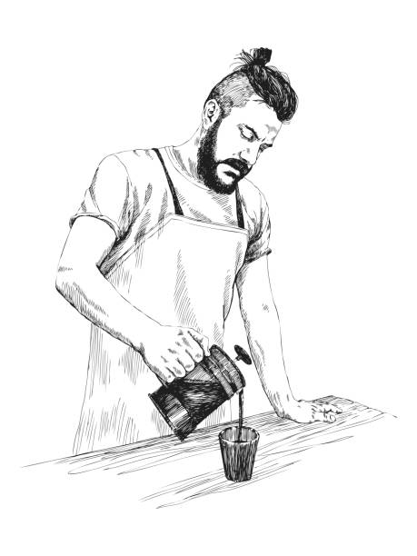 Young barista man in apron with a beard holds a coffee press and pours coffee in a mug. Vector illustration in pencil style. High details sketch. Coffee concept. Restaurant concept. A barista is dropping coffee from the cafe. Hand drawn style vector sketch design illustrations. bartender illustrations stock illustrations