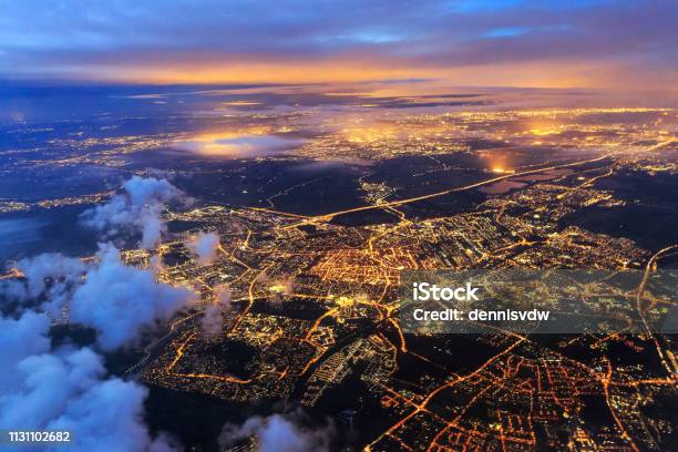 Leiden From The Sky At Night Night Stock Photo - Download Image Now - City, Night, Aerial View