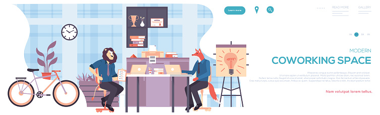 Modern male cartoon character working together interior. two business men sitting office desk flat vector illustration. Coworking space  horizontal banner