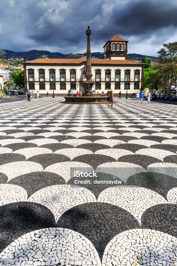 Funchal town square Beautiful cityscape of the townsquare Praca do Municipio in Funchal, Madeira, with the city hall, on a summer day with blue sky and clouds Funchal Stock Photo