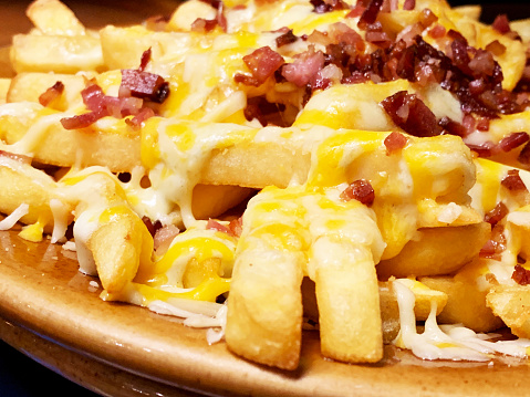 Close up of french fries with cheese sauce and bacon