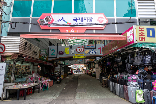 Gukje Market or International market located in nampodong district in Busan, South Korea. Many shops and stores line up the street. Taken on February 14th 2019