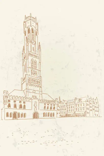 Vector illustration of Belfort van Brugge -  famouse 12th-century belfry Belfort of Bruges and Grote Markt square, Belgium.