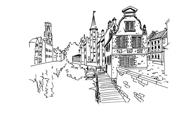 Vector illustration of Traditional medieval architecture in the old town of Bruges (Brugge), Belgium