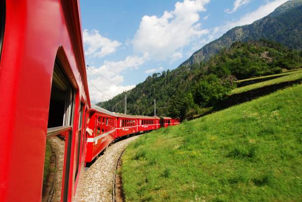 swiss mountain train bernina express from tirano to st. moritz - bernina express imagens e fotografias de stock