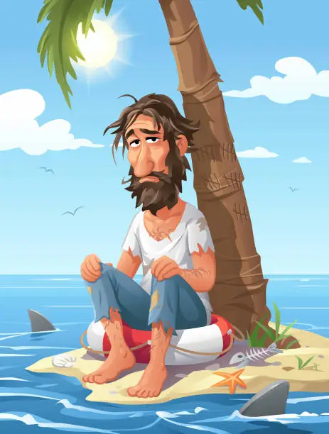 Vector illustration of Man On Desert Island