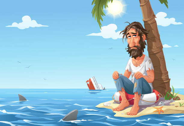 stockillustraties, clipart, cartoons en iconen met man strandde op desert island - onbewoond eiland