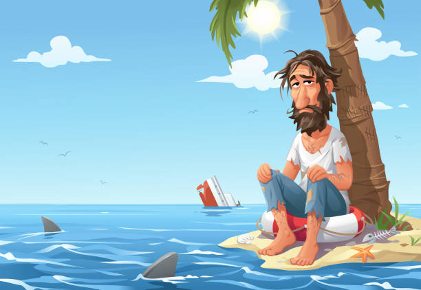 Man Stranded On Desert Island Vector illustration of a scruffy, depressed looking man sitting on a safety buoy on a tiny desert island under a plam tree. The sea around the island is full of sharks. Concept for loneliness, hopelessness, despair, hunger, thirst and survival. sinking ship images stock illustrations