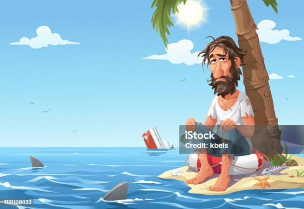 Man Stranded On Desert Island Stock Illustration - Download Image Now - Men, Desert Island, Shark