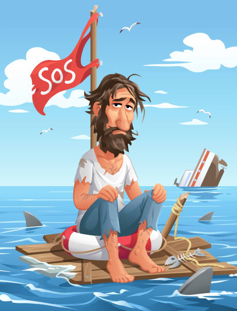 Shipwrecked Man On A Raft Vector illustration of a scruffy, depressed looking man sitting on a raft floating in the sea. He is sourrounded by sharks and in the background is a sinking ship. Concept for loneliness, hopelessness, despair, hunger, thirst and survival. sinking ship images stock illustrations
