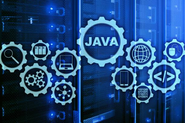 Java Programming concept. Virtual machine. On server room background. stock photo