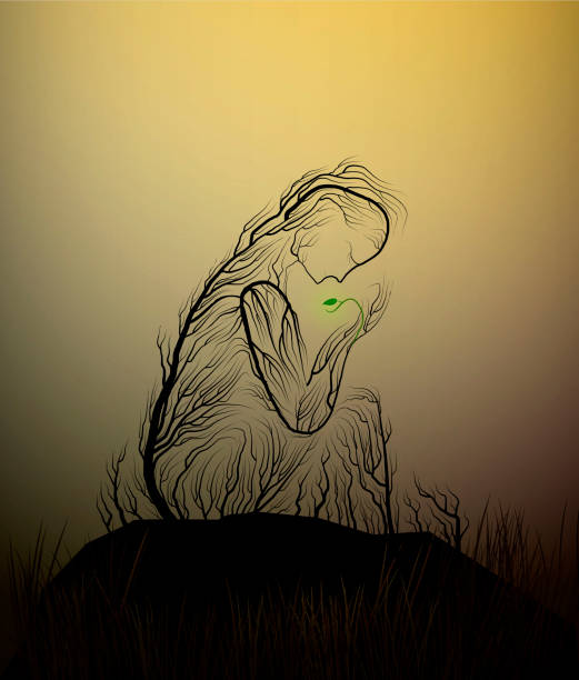  Ilustración de Silueta De Árbol Como Una Mujer En El Desierto Árbol Se Parece A Una Mujer Que Sostiene Las Últimas Hojas Verdes La Sequía Y El Árbol La Idea De La