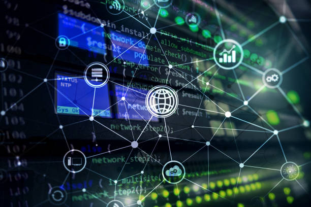 istock ICT - information and telecommunication technology and IOT - internet of things concepts. Diagrams with icons on server room backgrounds. 1131110307