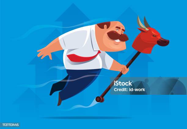 Happy Boss Holding Bull Head Stick Stock Illustration - Download Image Now - Walking Cane, Happiness, Stock Market and Exchange