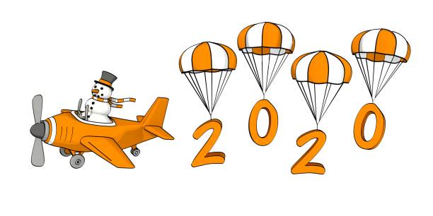 little sketchy snowman flying in a plane and the year 2020 on parachutes little sketchy snowman flying in a plane and the year 2020 on parachutes mütze stock illustrations