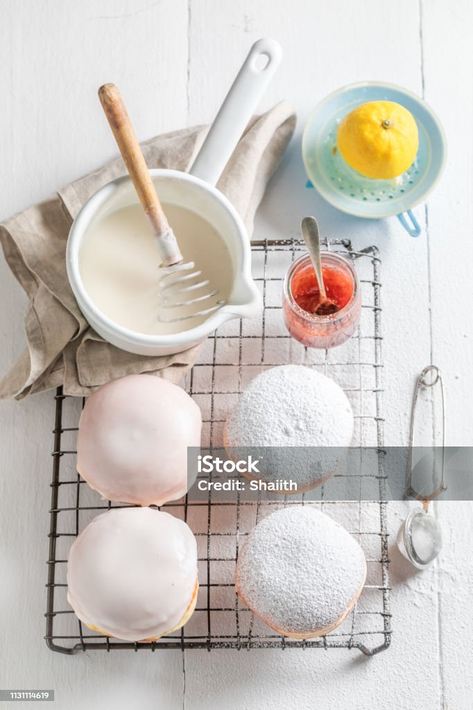 Tasty and homemade donuts with white icing Baked Stock Photo