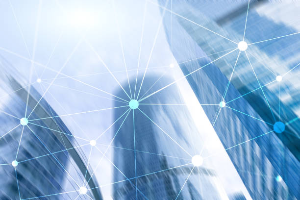 istock Blockchain network on blurred skyscrapers background. Financial technology and communication concept. 1131116541