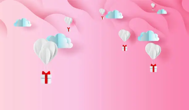 Vector illustration of 3D Paper art and craft design of balloons gift on Abstract Curve shape pink sky background,floating with GiftBox in the air clouds.Valentine's day concept.elements background vector for greeting card