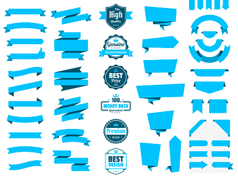 Set of Blue Ribbons, Banners, badges, Labels - Design Elements on white background
