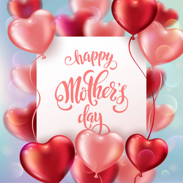 Mothers Day card Mothers day greeting card with heart-shaped balloons and handwritten message i love you mom stock illustrations