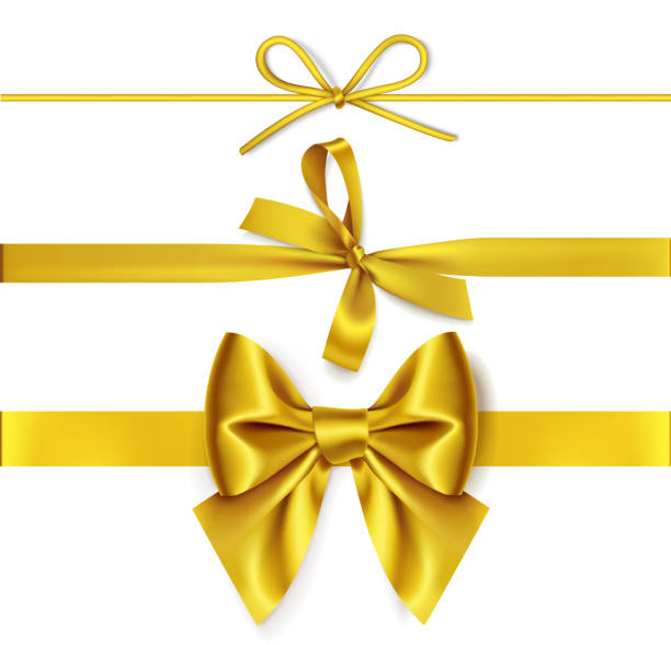 Set Of Decorative Golden Bows With Horizontal Yellow Ribbon Isolated On  White Background Stock Illustration - Download Image Now - iStock