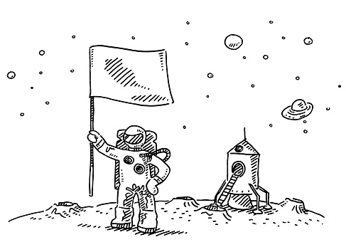 Hand-drawn vector drawing of an Astronaut with a Flag, Landing On the Moon. Black-and-White sketch on a transparent background (.eps-file). Included files are EPS (v10) and Hi-Res JPG.