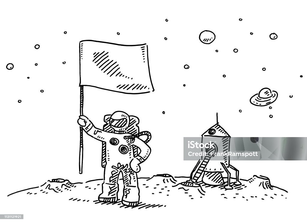 Astronaut Landing On Moon Flag Drawing Hand-drawn vector drawing of an Astronaut with a Flag, Landing On the Moon. Black-and-White sketch on a transparent background (.eps-file). Included files are EPS (v10) and Hi-Res JPG. Astronaut stock vector