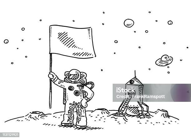 Astronaut Landing On Moon Flag Drawing Stock Illustration - Download Image Now - Astronaut, Flag, Illustration