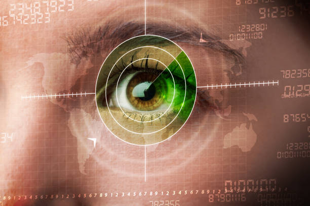 istock Cyber woman with modern military target eye 1131123020