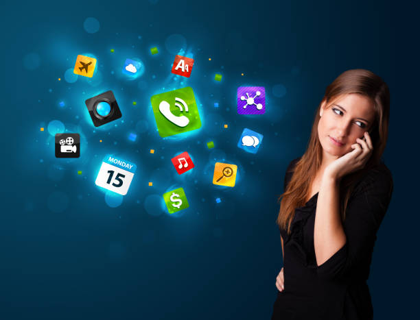 istock Young woman calling by phone with various icons 1131123203