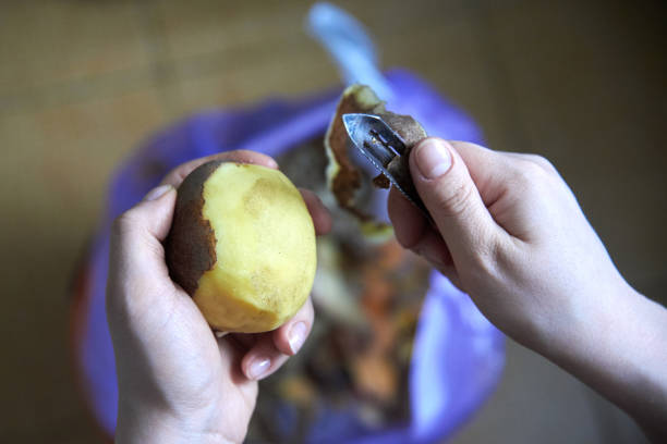 les mains des femmes épluchant des pommes de terre avec un couteau spécial - raw potato organic human skin food photos et images de collection