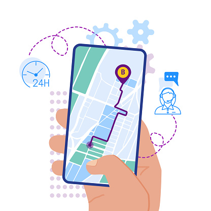 Flat design vector illustration of hand holding smartphone with mobile navigation app on screen. Route map with symbols showing location of man. Global Positioning System concept design elements.