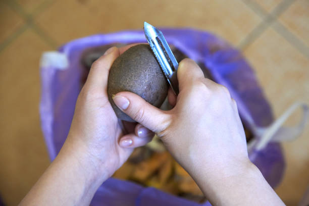 女性の手は、特別なナイフでジャガイモを剥離 - root vegetable raw potato human skin root ストックフォトと画像