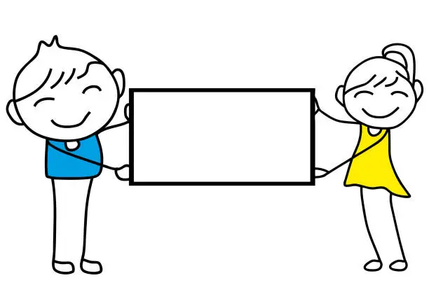 Vector illustration of Hand Drawing Characters - Couples Holding Signboard In Hand