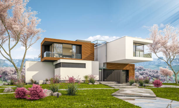 istock 3d rendering of modern house by the river in spring 1131128050