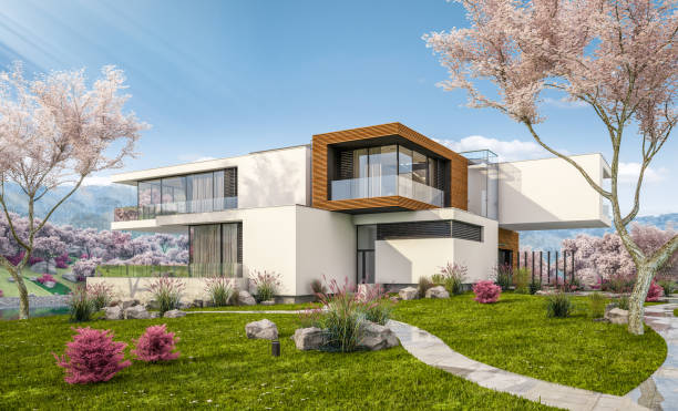 istock 3d rendering of modern house by the river in spring 1131128080