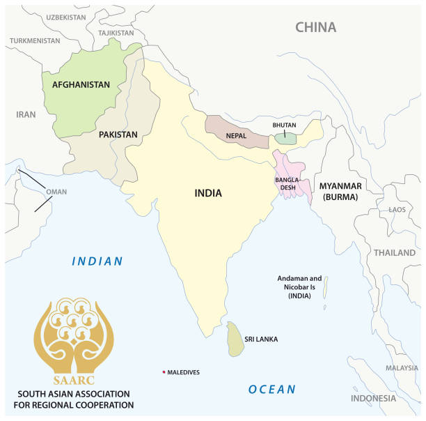 ilustrações, clipart, desenhos animados e ícones de associação asiática sul para o mapa do vetor da cooperação regional (saarc) com logotipo - india map sri lanka pakistan