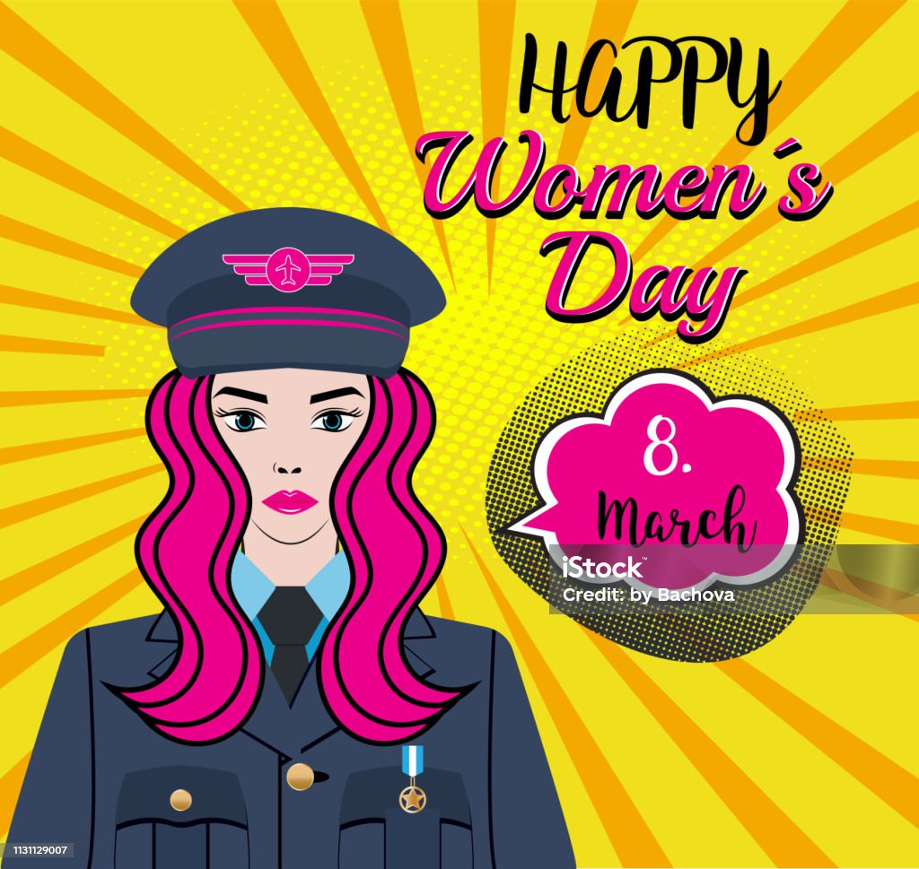 Happy Women´s Day - 8.march/Woman Character Vector Illustraton - Pinup girl with a pink hair - Pilot, Soldier, Captain in the Air Force - US army. Comic, drawn template design. A woman is wearing an uniform and hat with a plane sign. A successful, confident, beautiful woman illustration. A yellow sunburst background, pink speech bubble. Funny, comic, pin up girl concept. March - Month stock vector