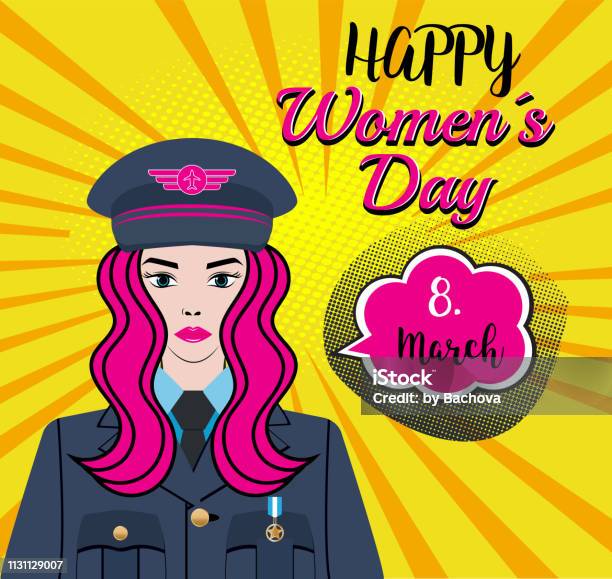 Happy Womens Day 8march Woman Character Vector Illustraton Pinup Girl With A Pink Hair Pilot Soldier Captain In The Air Force Us Army Comic Drawn Template Design A Woman Is Wearing An Uniform And Hat With A Plane Sign Stock Illustration - Download Image Now