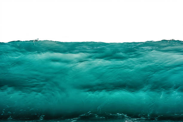 Deep dark turquoise blue underwater background isolated on white. Sea or ocean storm wave front view. Climate nature concept.