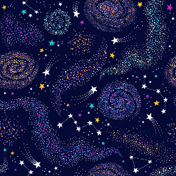 Vector illustration of Galaxy seamless deep violet pattern with colorful nebula, constellations and stars