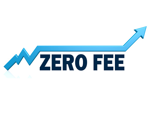 Zero fee word with blue grow arrow, 3D rendering