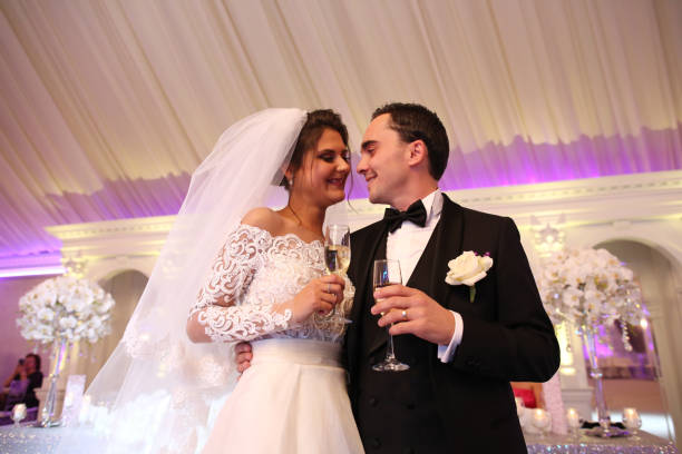istock Romantic married couple bride and groom posing at wedding reception 1131133814