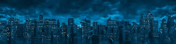 3D illustration of dark futuristic sci-fi city under dark cloudy night sky