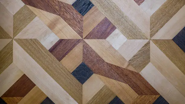 Intarsie parquet as parquet floor, design from several wood species, oak, maple, cherry tree, beech, ash